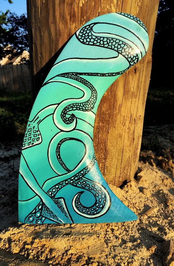 Surf Decor Painted Surfboard Fin Hand Carved Wood Kraken Squid