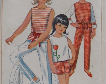 Vintage 1960s Girl's Sewing Pattern - Back Buttoned Top, Pants and Shorts - Simplicity 6476 - Size 12, Breast 30, Uncut