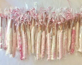 Pink and White Chocolate Covered/Dipped Pretzels, Baby Girl Shower Favors, Pink White Wedding Favors, Pink Baptism Favors for Girls