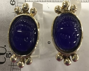 Used - Blue scarab screw back earrings