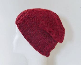 Hand knit cabled red alpaca wool, unisex Hat