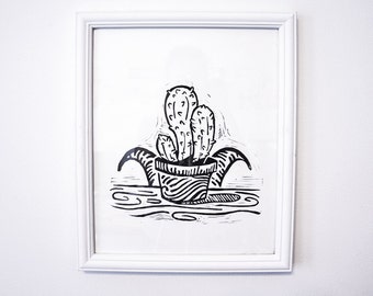 Goat Behind Cactus, Linocut, Black and White, Print, Poster