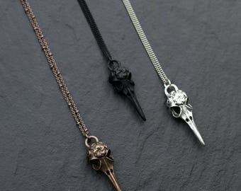 The RAVEN pendant necklace / Matte Black, Bronze or Silver Bird Skull, Long Necklace / Unisex Mens Necklace Boho Jewelry / Bohemian Fringe