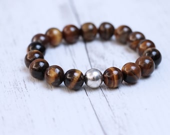 Tigers Eye Bracelet Gemstone Bracelet 10mm Tigers Eye Beaded Bracelet Silver Bead Gemstone Bracelet