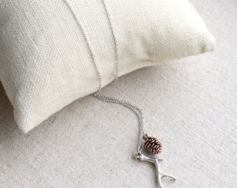 Dainty Antler Necklace, Branch Necklace, Small Silver Antler Necklace, Sweet Rose Gold Pinecone, Woodland Necklace