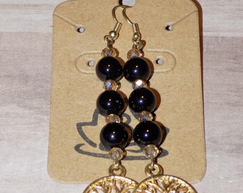 Zen Earrings Black Onyx Stones with Tree of Life Charm