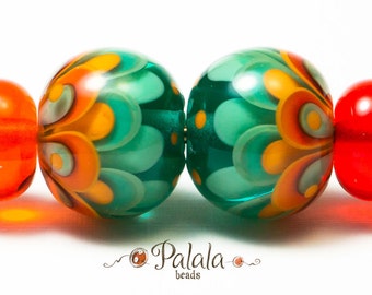 Pair of turquoise and tangerine Lampwork Glass Beads for earrings