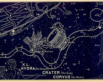 1911 Antique print of STARS. CONSTELLATIONS. Hydra. Crater. Astronomy print. Zodiacal Constellations. Zodiac. 116 years old celestial chart