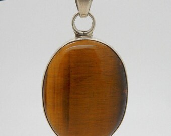 Solid Vintage Sterling Silver/925 Oval Brown Tiger's Eye Bezeled Dangle Pendant; sku # 3056