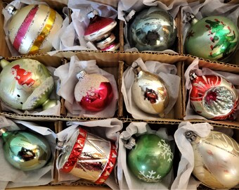 Mid Century Mercury Glass Christmas Ornaments - Shiny Brite and Fantasia - Assorted Colors and Shapes - Box of 12 - Large Size