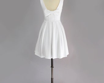 JANUARY - ivory white short wedding dress with bow. mod retro fit and flare dress w pockets + pleated skirt. ivory bridesmaid dress
