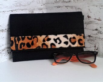 wristlet, Black wool felt and faux leopard fur