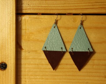 Two Triangle Turquoise and Brown Leather Earring