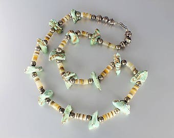 Raw Turquoise nugget Necklace, Navajo Sterling Necklace, Heishi Bead Old Pawn Jewelry