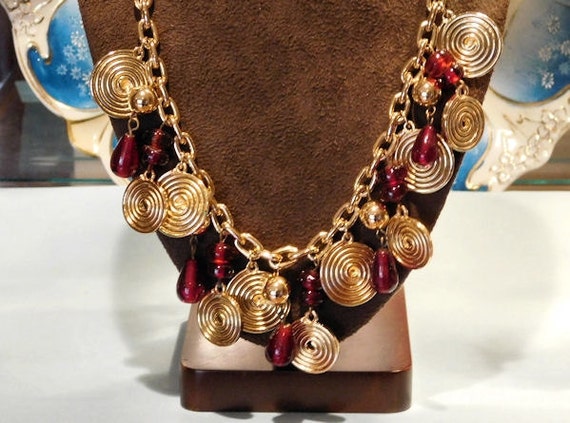 Red Glass Charm Necklace / Gold Medallion Chain