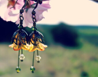 Orange Earrings - Orange Jewelry - Summer Earrings - Summer Jewelry - Orange and Green Flower Earrings - Dangle Drop Earrings - Vintage Gift