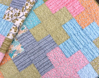 Modern Quilt, Lap Quilt, Quilted Throw, Handmade Blanket, Quilts for Sale, Cotton Lawn, Voile, Pink and Teal Quilt, Pastel Quilt