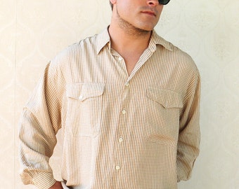 Vintage mens long sleeved western shirt - Light brown on cream . . . "Like" our fb page for 10% discount