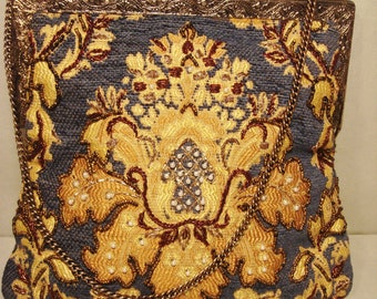 Vintage 1960s Blue and Gold Tapestry Purse
