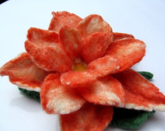 Wet felt flower pin, white with light orange
