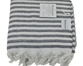 Black and White Striped Turkish Towel with Terry Cloth on One Side, Oversized Beach or Bath Peshtemal with Terrycloth on Back, Large Fouta