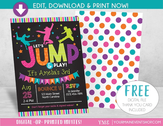 Jump Birthday Invitation Trampoline Party Invite Bounce