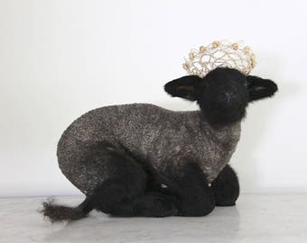 SALE Cute Vintage Taxidermy Lamb, Jeanne D'arc Living, Nordic Decor, Black Sheep