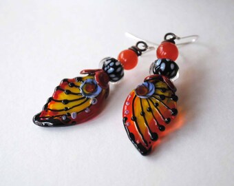 Butterfly Earrings, Colorful Earrings, Lampwork Glass Bead Earrings, Modern Chic Earrings, Yellow Red Earrings, Wing Earrings, Polka Dots