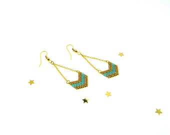 Miyuki herringbone - weave miyuki - turquoise and gold earrings
