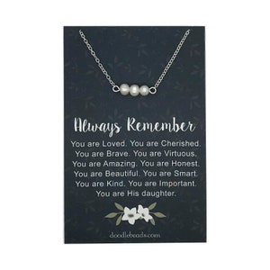 Always remember you are braver, card quote with gold or silver Triple Pearl Necklace, beaded pearl bar necklace, daughter gift jewelry