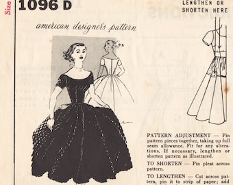 1950s Vintage Sewing Pattern Spadea 1096 Misses Dress Evening Length Scoop Neck Petticoat Dress Size 14 Bust 36.5