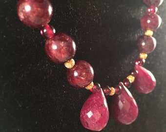 Ruby Pendant Necklace, Garnet Necklace, Red Briolette Ruby, 22k Gold Beads , FREE USA Shipping