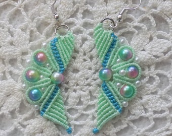 Beaded Macrame Earrings Multi Colored Pearls Mint Green