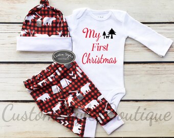Baby Boys First Christmas Outfit, Red,Black And White Buffalo Plaid Woodland Cabin Print Pants & Hat,Baby Boy's 1st Christmas, Baby Boy Set