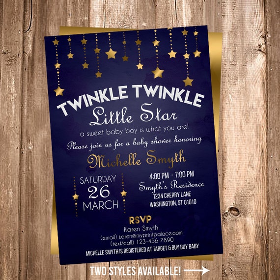 Twinkle Little Star Boy Baby Shower Blue and Gold Navy Blue