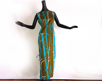 Vintage 60s Hawaiian Maxi Dress 1960s 1970s Tiki Oasis Hukilau Hawaii Beach Wedding Turquoise & Olive MOD Bamboo Print Size Medium 36" Bust