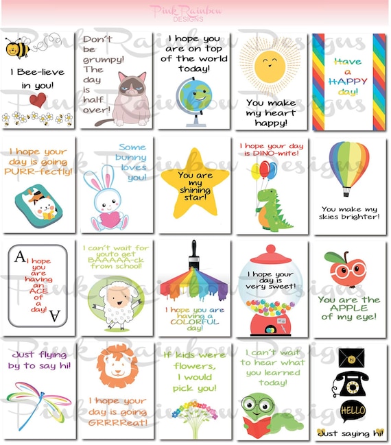 20 Lunch Box Notes Cards with Motivational Messages for Kids