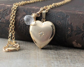Gold Locket Necklace, Gold Heart Locket, Gold Filled Locket, April Birthstone Locket, Gold Picture Locket, Gold Photo Locket, Push Present