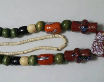 Vintage Indian Trade Beads, Bone, and Wood Necklace