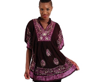 Batik Flower Poncho-Dashiki - Black/Purple