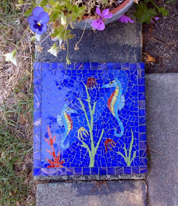 Seahorse Stained Glass Mosaic Tile Garden Stepping Stone