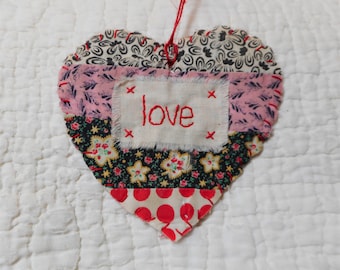 Wordz From the Heart Snippet Ornament - LOVE - Stitched From Recycled Vintage Quilt Piece
