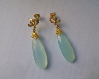 18k gold Cubic zirconia aqua chalcedony gemstone earrings Long drop stud jewelry Birthday Gift for her girlfriend oemi sister mom from son
