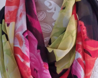 Colorful Chiffon scarf, Infinity Scarf, printed scarf, Women scarves, scarf, accessories, eternity scarf, light weight scarf