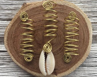 Gold Coil Loc Jewelry Gold Spirals & Cowrie Shell Set of 3 Dreadlock Cuffs Hair Jewelry Braids Beach Dread Jewelry Sisterlocs Locs Jewelry