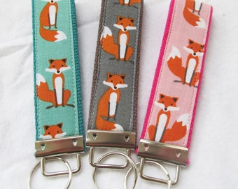 KeyFob Key Chain Wristlet in - Fancy Foxes in Teal, Gray or Pink - Fabric Keychain