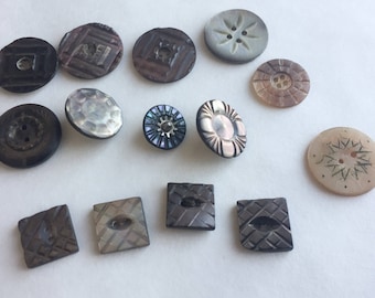 14 Nicely Carved Antique Abalone Buttons