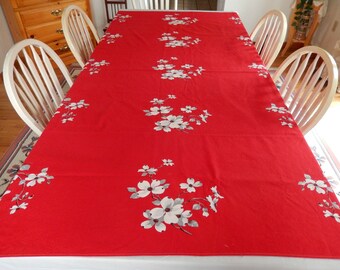 vintage Wilendur tablecloth, Wildendur dogwood tablecloth, red Wilendur, rectangular, table linens