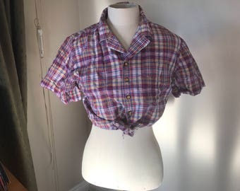 Vintage plaid button up crop top