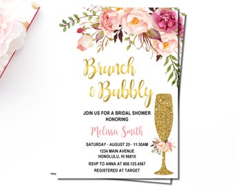Brunch & Bubbly Bridal Shower Invitation, Pink Floral and Gold, Bridal Brunch Invitation, Personalized Printable Invitation, B54